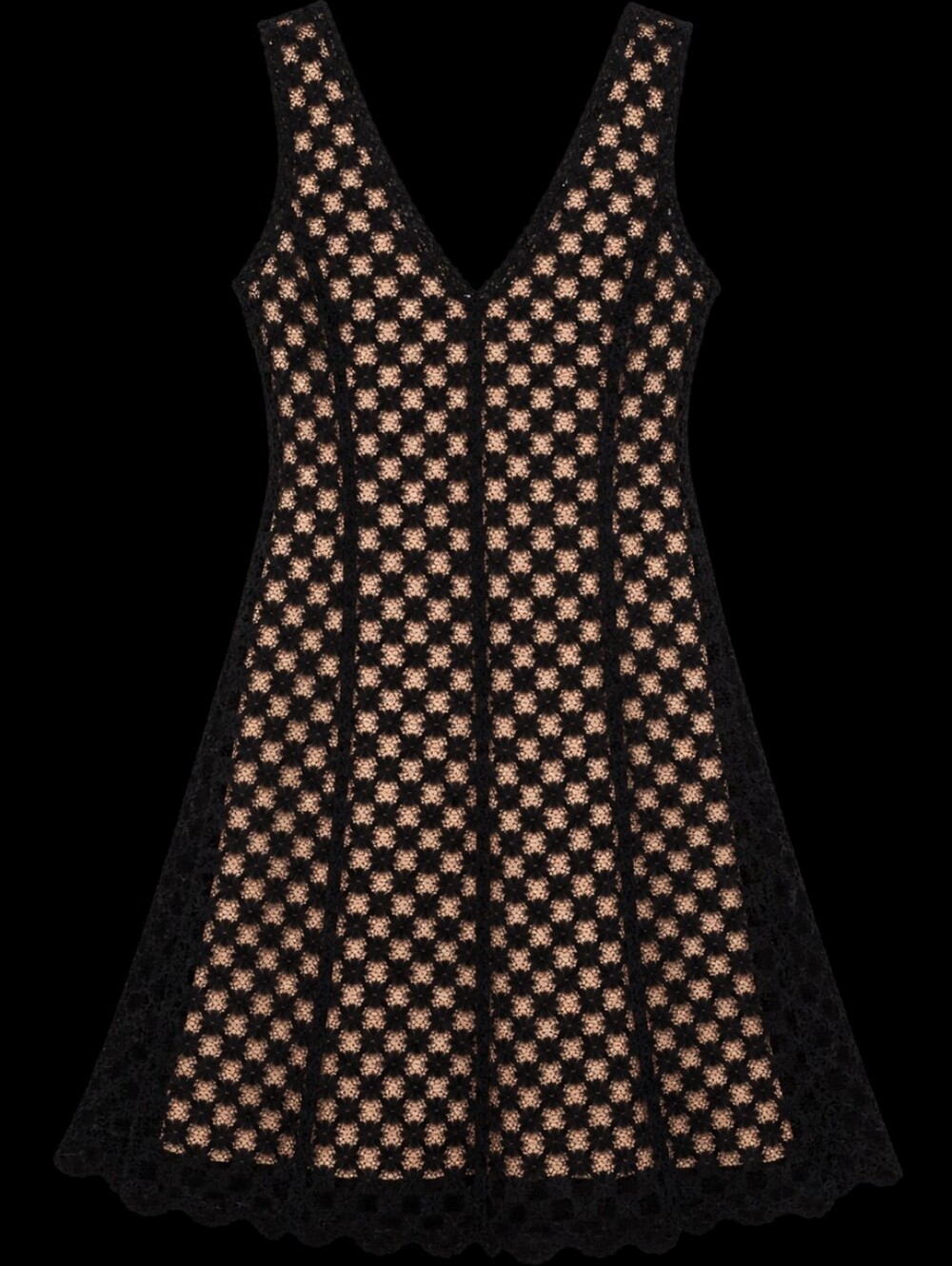 Black Lace Overlay V-Neck Sleeveless Dress with Nude Lining